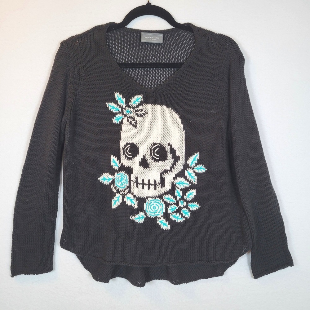 Wooden Ships Womens Skull Floral Open Knit Sweater Size XS Black Goth Punk Moto